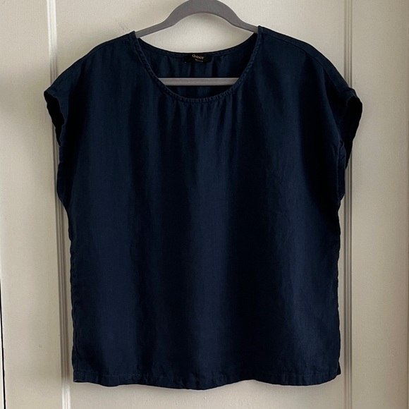 Quince Size Large 100% Linen Navy Blue Boxy Blouse Top Short Sleeved Shirt - Picture 2 of 11